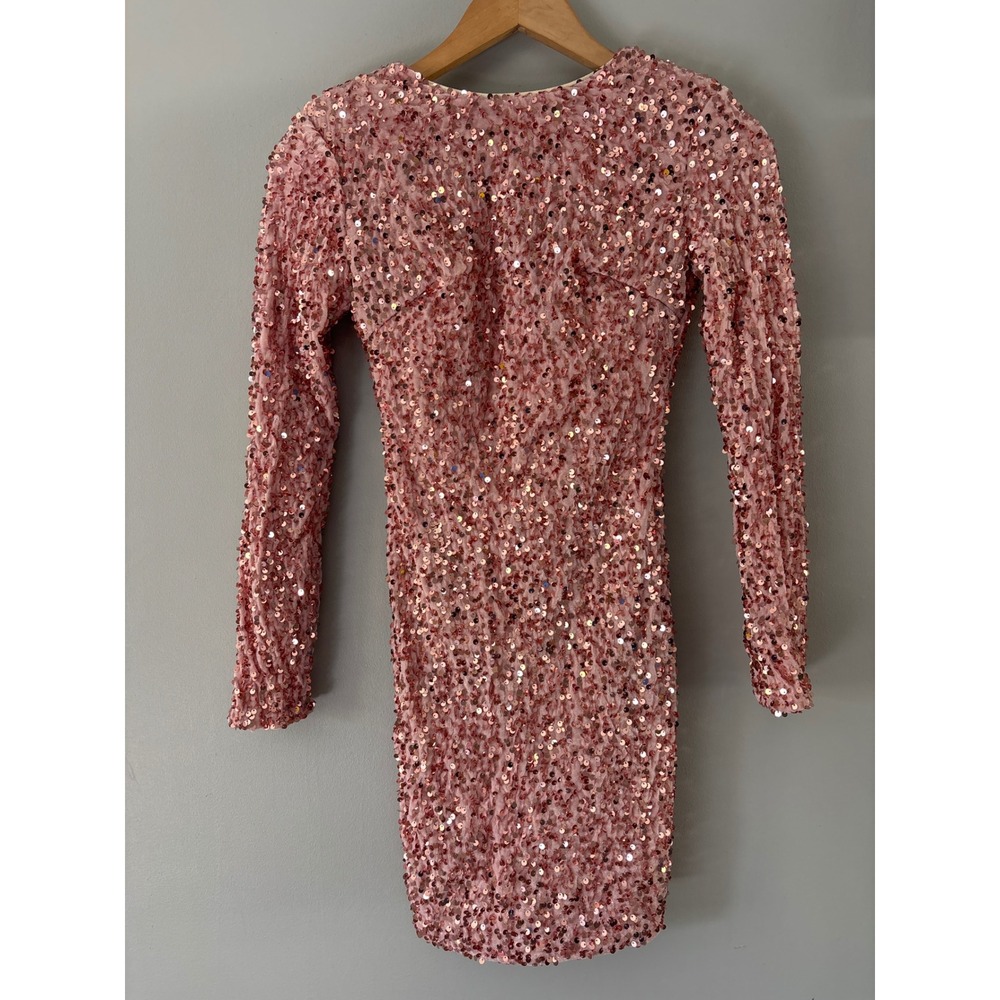 Love & Lemonade Pink Sequin Mini Dress Long Sleeve V-Back Bodycon NWT XS